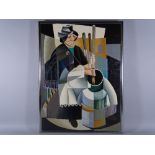 ALEX CAMPBELL acrylic on canvas on a box frame - hatted lady seated making butter, signed in full