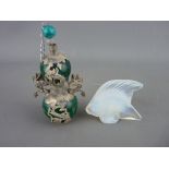 A SMALL LALIQUE FRANCE FISH and a Chinese double gourd malachite snuff bottle with white metal