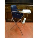 A VINTAGE MOTHERCARE CHROME & FORMICA CHILD'S HIGHCHAIR with blue rexine seating, 90 cms high, 44