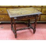 A RECTANGULAR TOPPED CARVED OAK VICTORIAN SIDE TABLE on turned and block supports with stretcher,