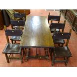 A REPRODUCTION REFECTORY STYLE DINING TABLE & six leather seat and backed chairs having large