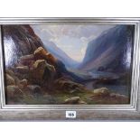 THOMAS FINCHETT oil on canvas - Llanberis Pass with drover and cattle on the bridge, signed, 24 x 39