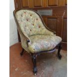 A VICTORIAN CARVED WALNUT SALON CHAIR with button back upholstery, 85.5 cms high, 58 cms wide, 48