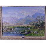 PHILLIP STANTON oil on canvas - North Wales riverscape with grazing sheep, signed in full, 34 x 50