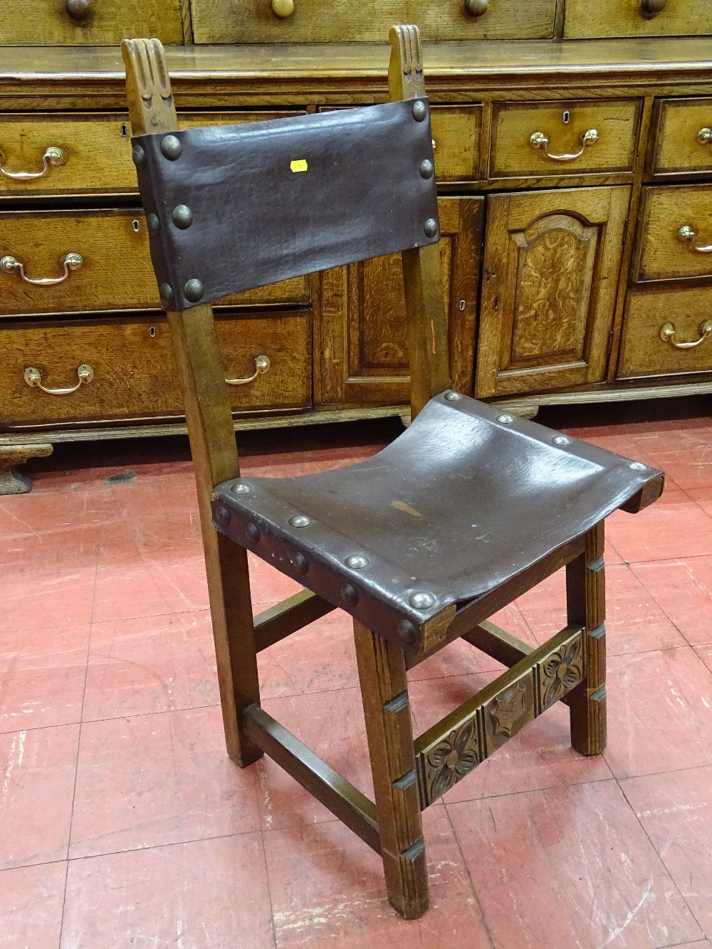 A REPRODUCTION REFECTORY STYLE DINING TABLE & six leather seat and backed chairs having large - Image 2 of 5