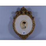 A SMALL PROFILE HEAD & SHOULDERS PORTRAIT STUDY OF A LADY in a gilt gesso frame, 8 x 6 cms, 29.5 x