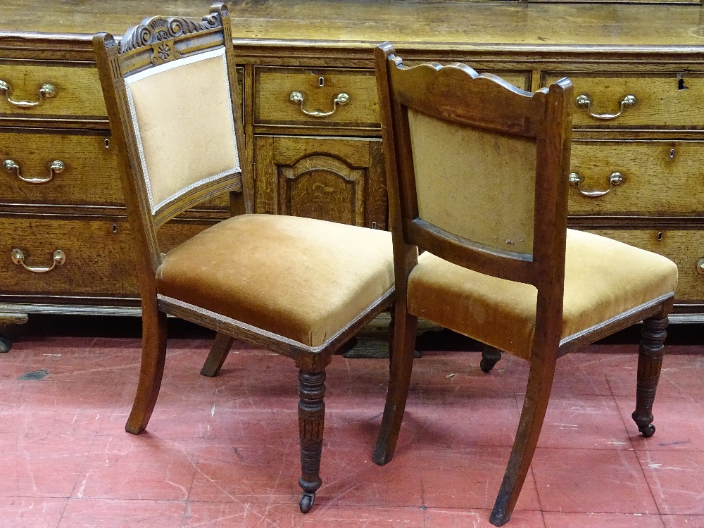 A PAIR OF VINTAGE OAK SIDE CHAIRS & one other and a mahogany framed bead and needlework - Image 3 of 4