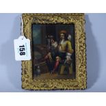 MINIATURE PORTRAIT STUDY OF A CAVALIER GENTLEMAN seated within an Inn, 10 x 17.75 cms