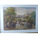 MANNER OF DAVID COX watercolour - river scene with gauge and bridge and timber cart with horses on