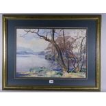 WILLIAM HEATON COOPER RA watercolour - lake scene with distant hills and overhanging trees, signed