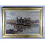 M DUCKWORTH oil on canvas - Conwy Castle and Suspension Bridge with boats and figures in the