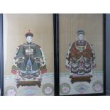 A PAIR OF 19th CENTURY CHINESE ANCESTOR PAINTINGS, gouache with gold highlighting on silk