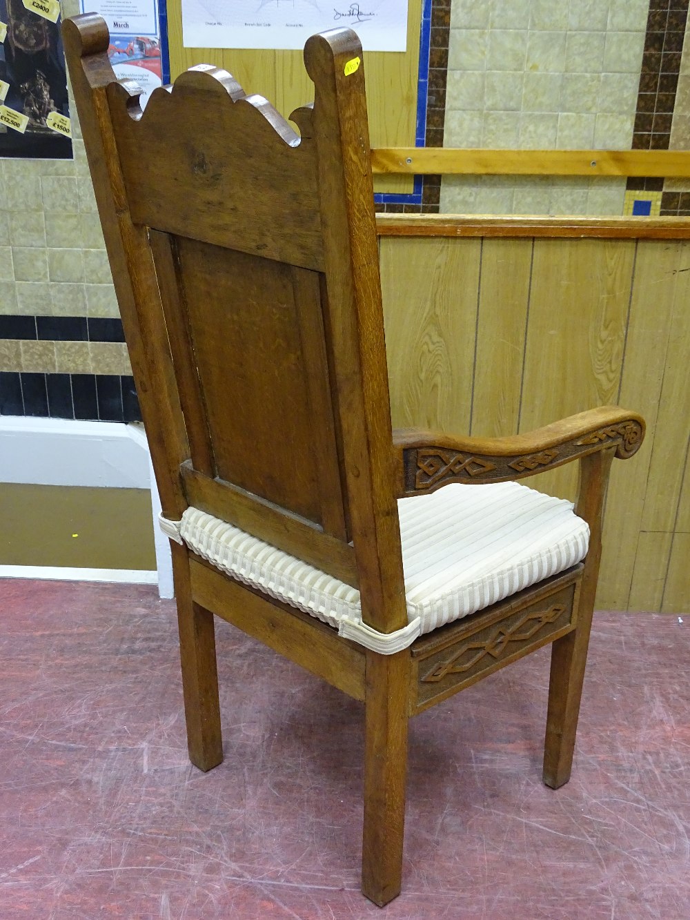 AN ANGLESEY OAK EISTEDDFOD ARMCHAIR with central dragon carved panel, the shaped upper rail - Image 3 of 3
