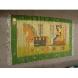 A MOROCCAN KILIM RUG, green bordered with tassel ends and central pictorial pattern of nobles in a