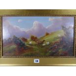 THOMAS FINCHETT oil on canvas - Highland scene with sheep and lambs, signed, 24 x 45 cms