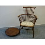 A VINTAGE STICKBACK ARMCHAIR with upholstered seat and a circular mahogany 'Lazy Susan', 48 cms