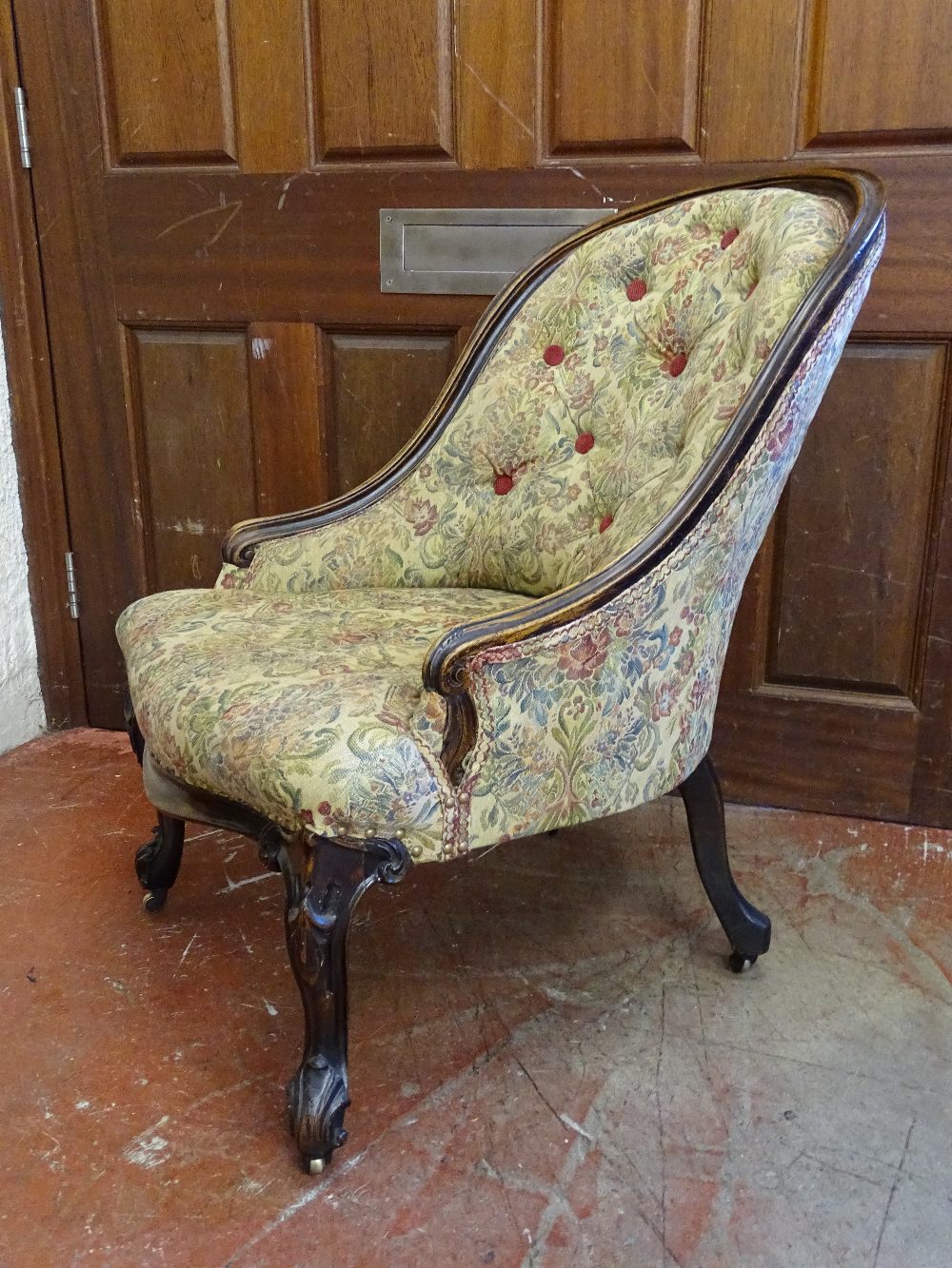 A VICTORIAN CARVED WALNUT SALON CHAIR with button back upholstery, 85.5 cms high, 58 cms wide, 48 - Image 2 of 3