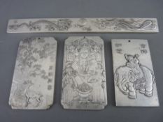 FOUR VINTAGE CHINESE WHITE METAL TRADE TOKENS, various decorations and character scripts in relief