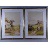 J BARCLAY watercolours, a pair - rural scenes 1. young red bonneted girl near thatched cottage by