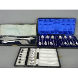 THREE CASED SETS OF EPNS CUTLERY including a set of twelve teaspoons with tongs, six cocoa bean