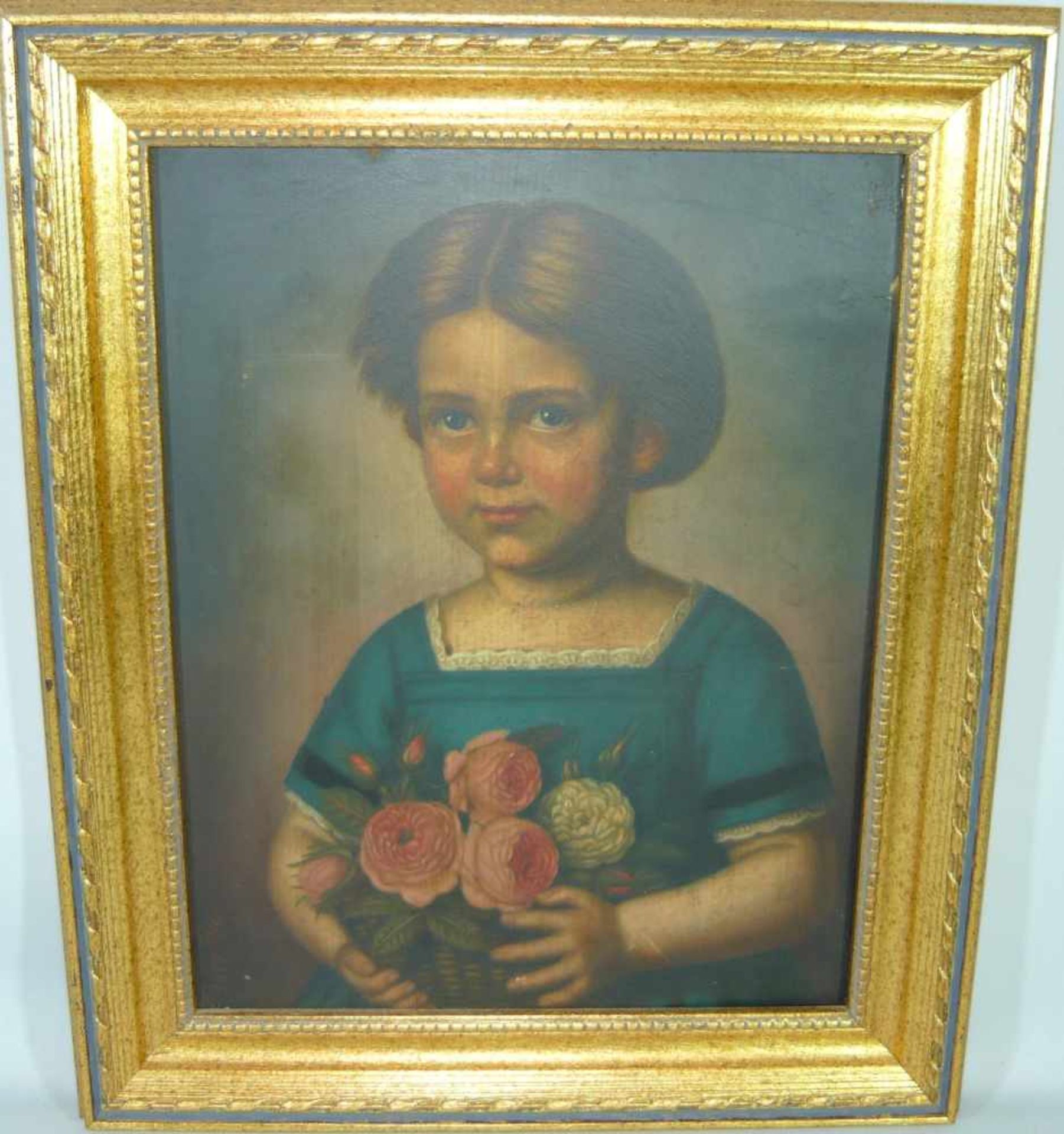 Unbek. Künstler. Porträt eines kleinen Mädchens mit Blumen. Öl/Holz. Dat. u. li. "1877". Rahmen