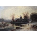 Bredow, Albert. 1828 - 1899 Moskau ?Stimmungsvolle Winterlandschaft mit Fluss und Figurenstaffage.