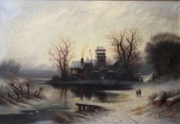 Bredow, Albert. 1828 - 1899 Moskau ?Stimmungsvolle Winterlandschaft mit Fluss und Figurenstaffage.