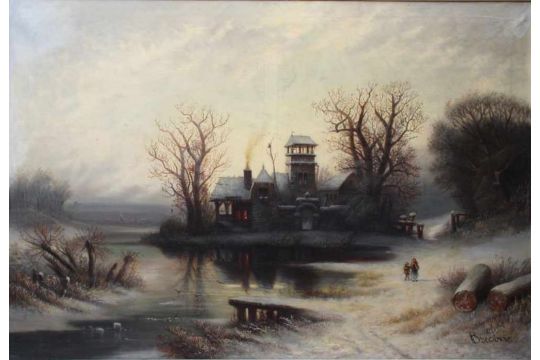 Bredow, Albert. 1828 - 1899 Moskau ?Stimmungsvolle Winterlandschaft mit Fluss und Figurenstaffage. - Bild 1 aus 2