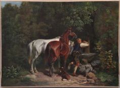 Venne, Adolf van der. Wien 1828 - 1911 Schweinfurt.Knecht mit zwei Pferden am Brunnen. Links u.