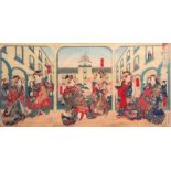 Utagawa, Yosiika. 1833 - 1904.Japanischer Farbholzschnitt " Im Bordell". Triptychon. H: 44 x 79