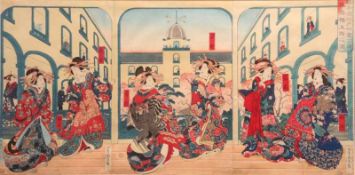 Utagawa, Yosiika. 1833 - 1904.Japanischer Farbholzschnitt " Im Bordell". Triptychon. H: 44 x 79