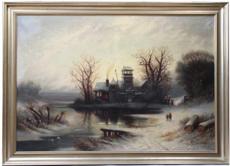 Bredow, Albert. 1828 - 1899 Moskau ?Stimmungsvolle Winterlandschaft mit Fluss und Figurenstaffage. - Image 2 of 2