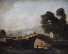 Unbekannt, wohl England um 1700.Weite Flußlandschaft mit Brücke vor Dorf und Figurenstaffage. Öl/