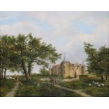 Bogaert, Johann G. L. van den. 1876 -1950.Landschaft mit Schloss und Figurenstaffage. Rechts u.