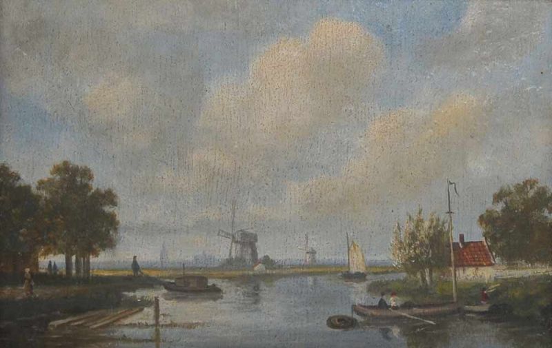 Niederlande, 19./20. Jh.Weite Kanallandschaft mit Windmühlen und Figurenstaffage. Öl/Holz. H: 13 x