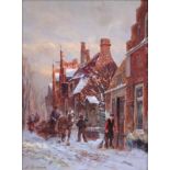 Koekkoek, Willem. Amsterdam 1839 - 1895.Winterliche Straßenszene mit Pferdefuhrwerk beladen mit
