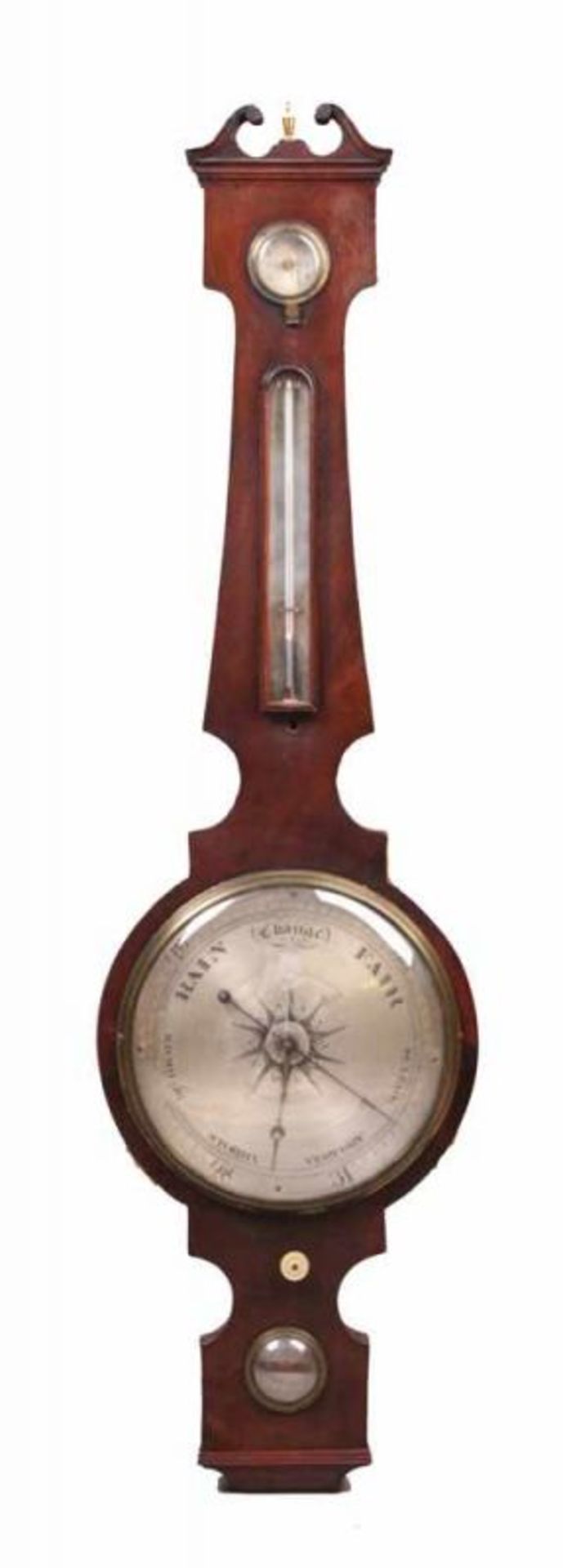 Barometer.London, um 1840/50. Mahagoni furniert. Hygrometer, Thermometer und Barometer. Bez.: "