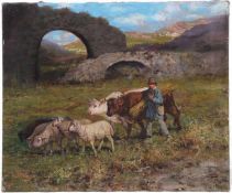 Giardiello, Giuseppe. Neapel 1877 - 1920Italienische Landschaft mit Bauer und Viehherde. Rechts u.