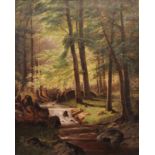 Deutsch, 20. Jh.Waldlandschaft mit Bachlauf und Rehe. Öl/Lwd. H: 85 x 67 cm, Rahmen 98 x 81 cm. 20.