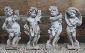 Vier Gartenfiguren.Steinguss. Allegorie der Jahreszeiten. H: 73 cm. Eine Figur besch. 20.00 %