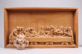 Relief.Abendmahl. Christus mit seinen Jüngern. Holz geschnitzt. Beigabe geschnitzter Engelskopf.