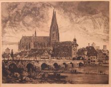Radierung.Regensburg, Steinerne Brücke, im Hintergrund der Dom. Rechts u. sign. A. Kunst.
