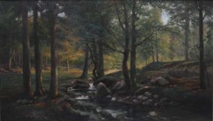 Ahlborn, A. 20. Jh.Waldlandschaft mit Bachlauf. Öl/Lwd. H: 70 x 119 cm. Rechts u. sign. Rahmen H: 91