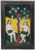 Hinterglasbild.Wohl Sandl, 19. Jh. Adam und Eva am Baum der Erkenntnis 30,5 x 19 cm. Schwarzer