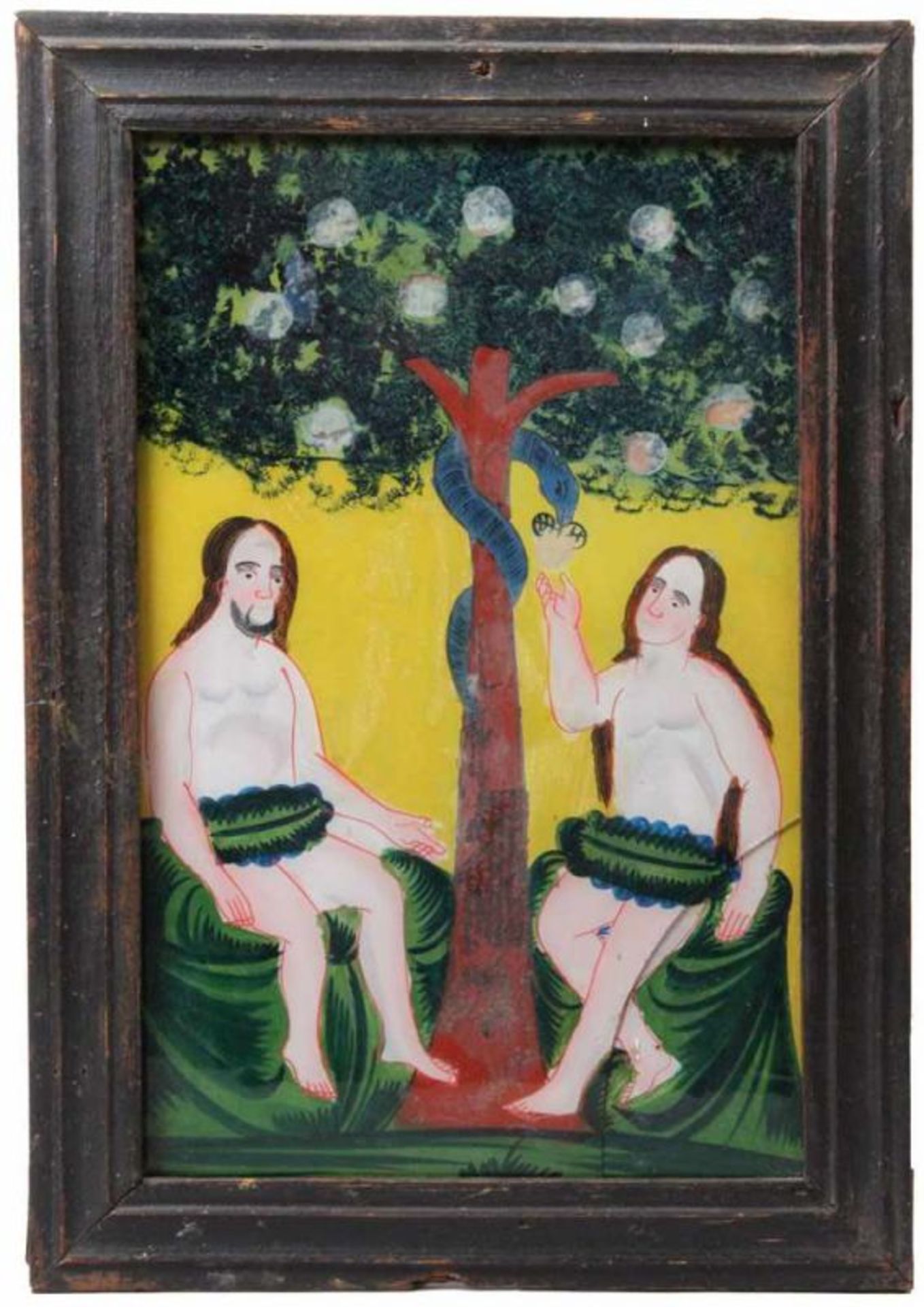Hinterglasbild.Wohl Sandl, 19. Jh. Adam und Eva am Baum der Erkenntnis 30,5 x 19 cm. Schwarzer