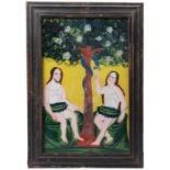 Hinterglasbild.Wohl Sandl, 19. Jh. Adam und Eva am Baum der Erkenntnis 30,5 x 19 cm. Schwarzer