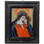 Hinterglasbild.Sandl od. Buchers. 19. Jh. Maria mit dem Jesuskind. H: 19 x 14 cm. Holzabdeckung.