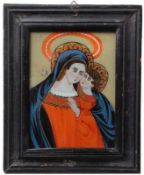 Hinterglasbild.Sandl od. Buchers. 19. Jh. Maria mit dem Jesuskind. H: 19 x 14 cm. Holzabdeckung.