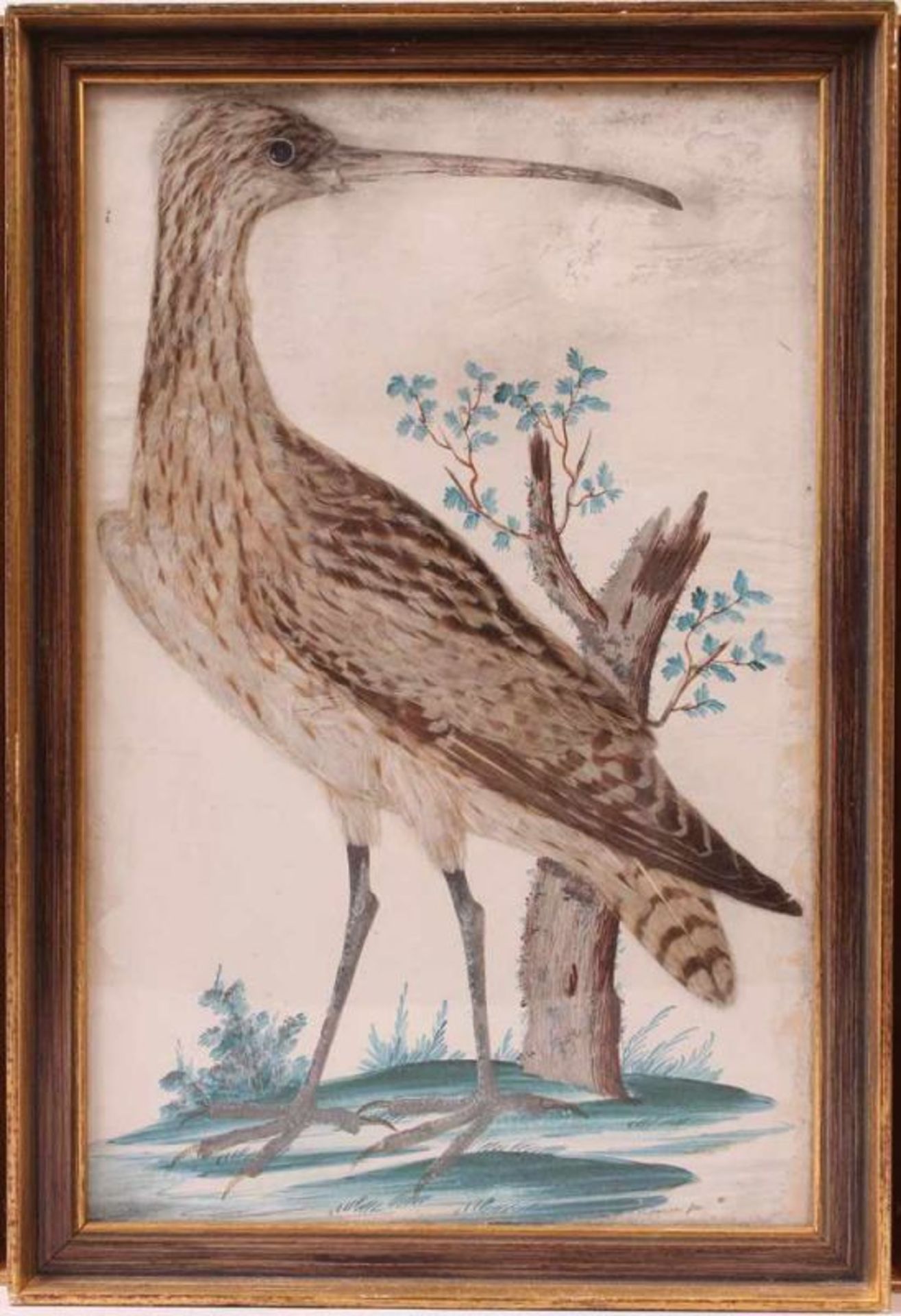 Paar Federbilder.19. Jh. Aquarellierter Landschaftssockel darauf Bussard bzw. Schnepfe mit