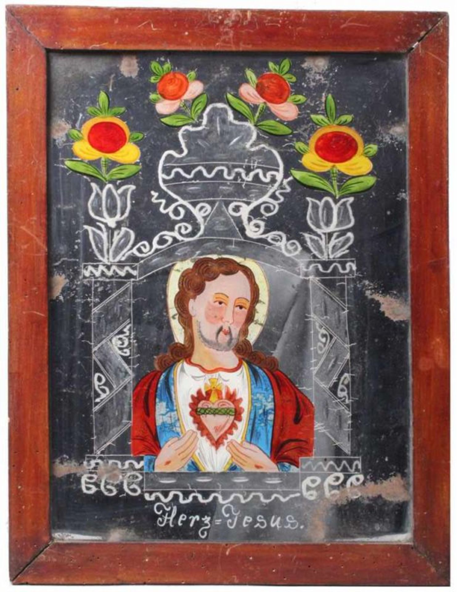 Paar Spiegelschliffbilder.Wohl Zips, 19. Jh. Herz = Jesus und Herz = Maria. Spiegelschliffbild mit